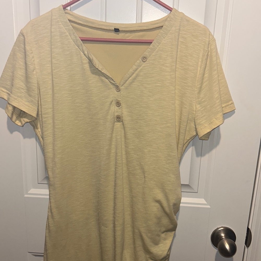 Casual V Neck Short Sleeve Ruched Bodycon T Shirt Short Mini  with Buttons